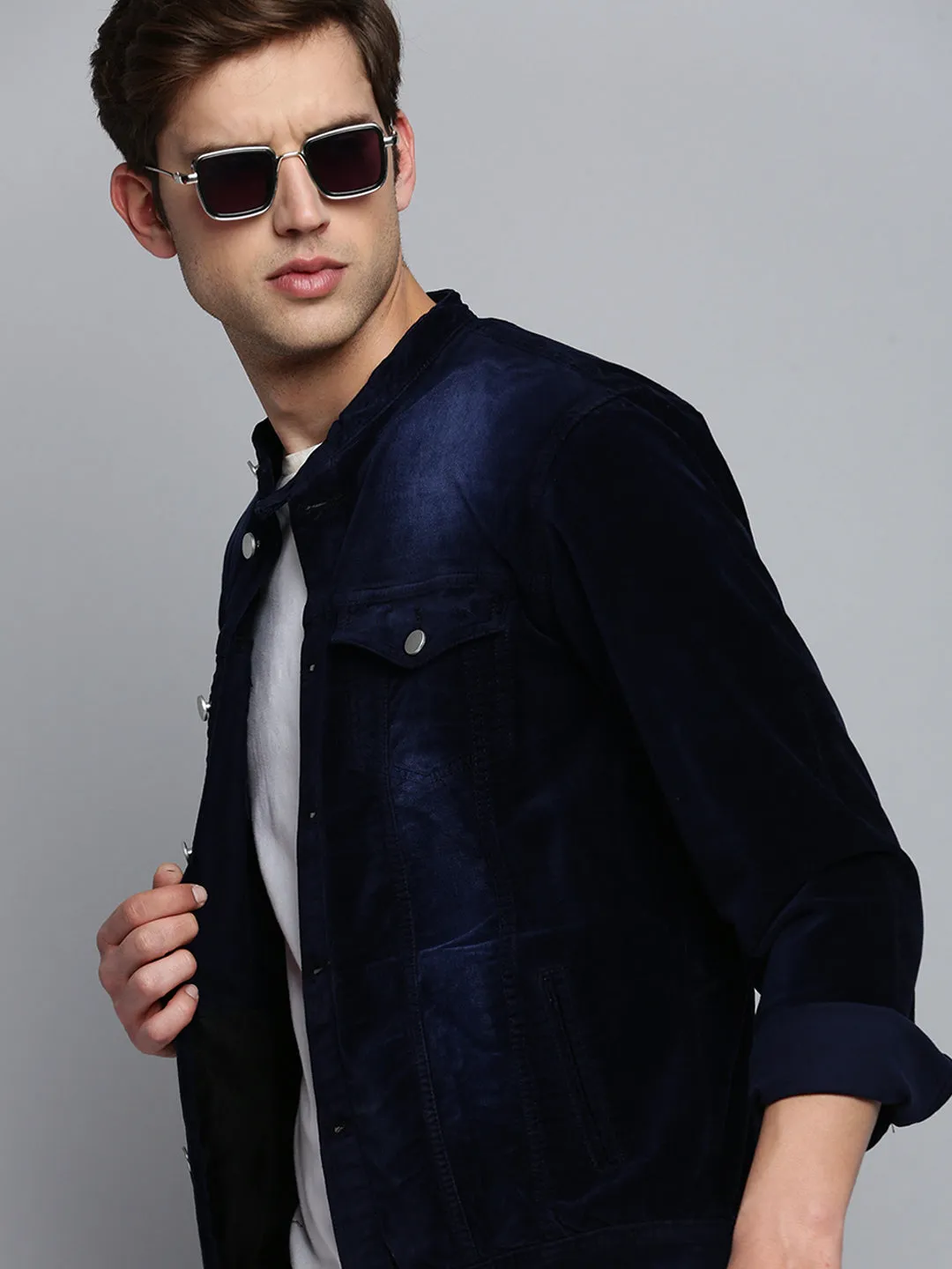 Men Navy Solid Casual Jacket