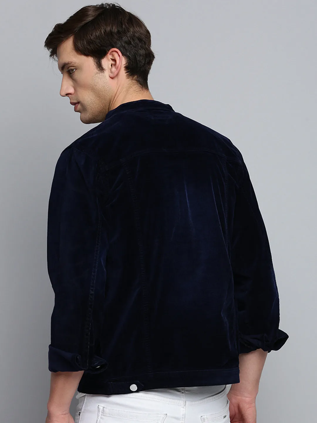 Men Navy Solid Casual Jacket