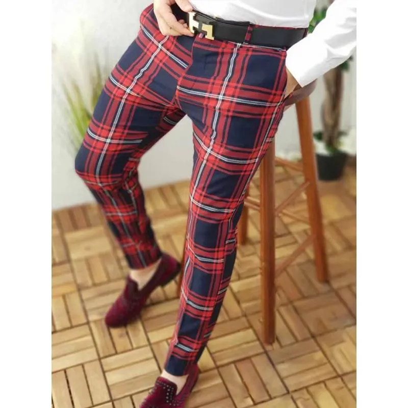 Men's Casual Plaid Print Mid-waist Trousers Micro-elastic Trousers 66882021L