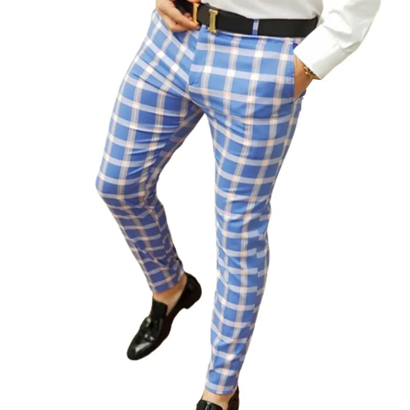 Men's Casual Plaid Print Mid-waist Trousers Micro-elastic Trousers 66882021L