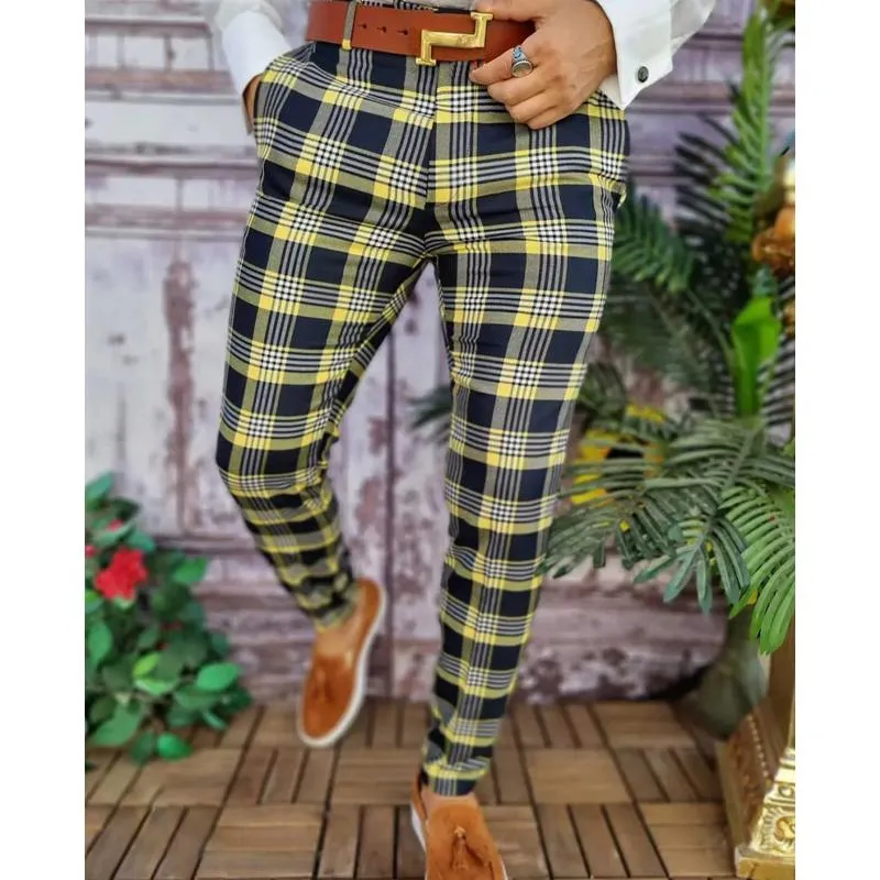 Men's Casual Plaid Print Mid-waist Trousers Micro-elastic Trousers 66882021L