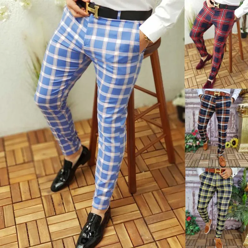 Men's Casual Plaid Print Mid-waist Trousers Micro-elastic Trousers 66882021L