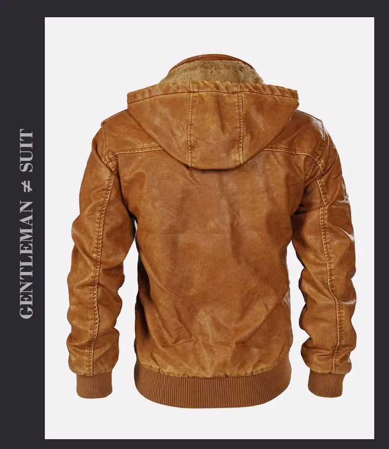 Men's Hooded Leather Jacket Fleece-lined