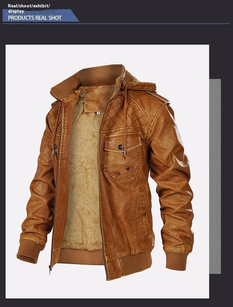 Men's Hooded Leather Jacket Fleece-lined