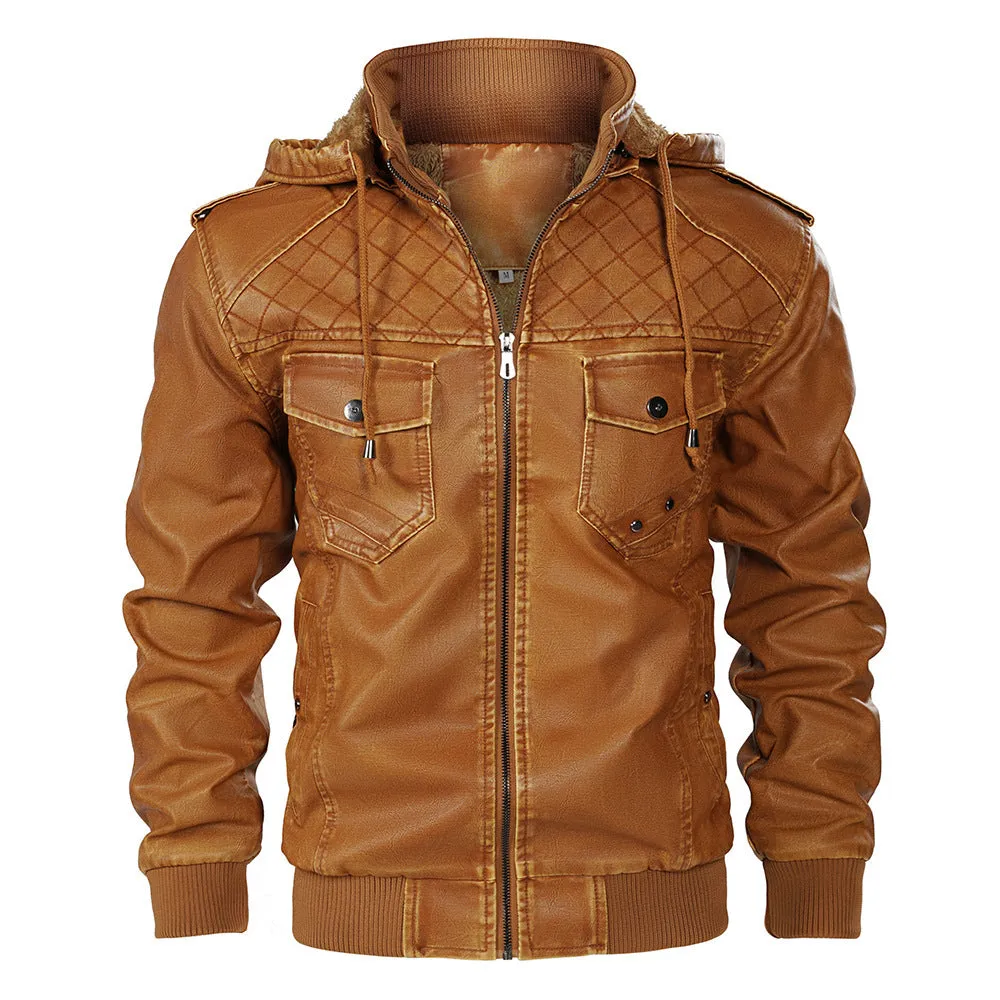 Men's Hooded Leather Jacket Fleece-lined