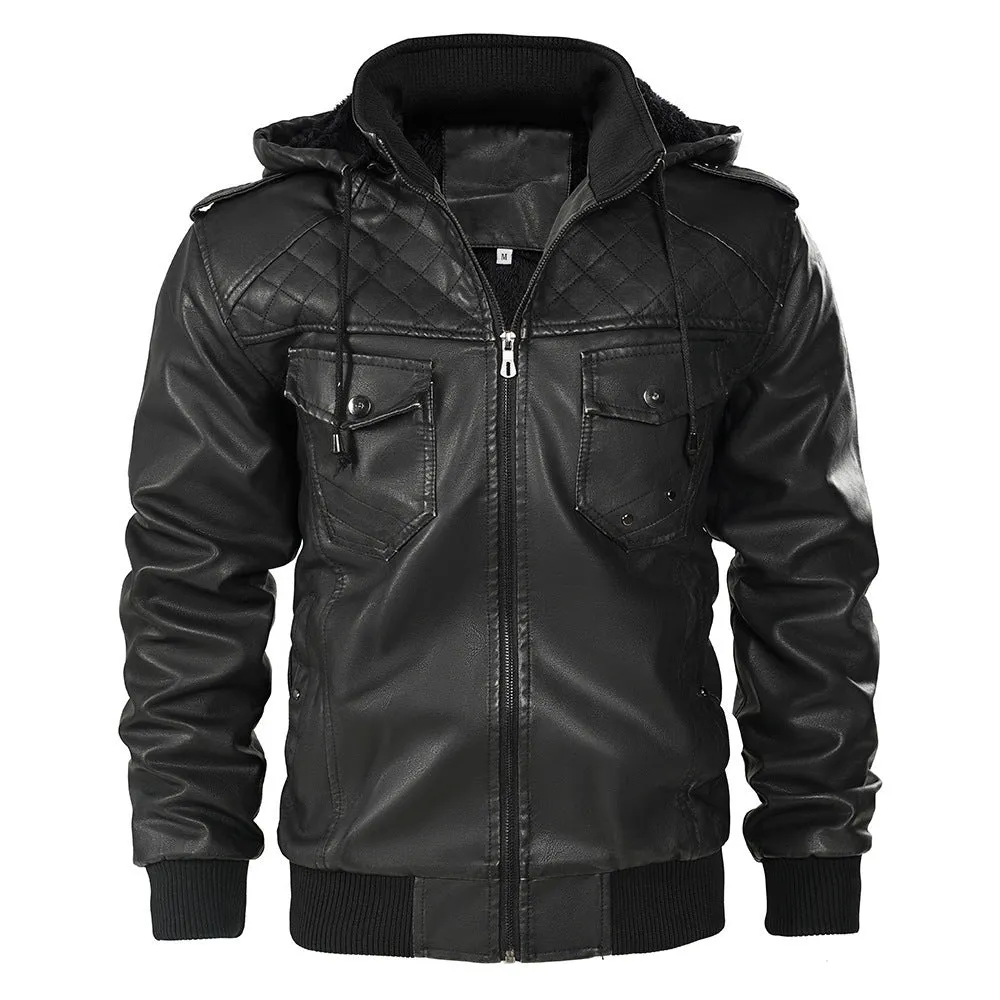 Men's Hooded Leather Jacket Fleece-lined