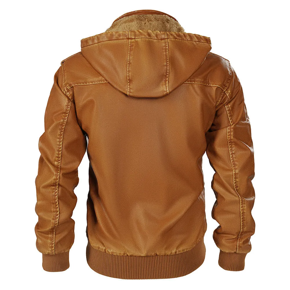 Men's Hooded Leather Jacket Fleece-lined