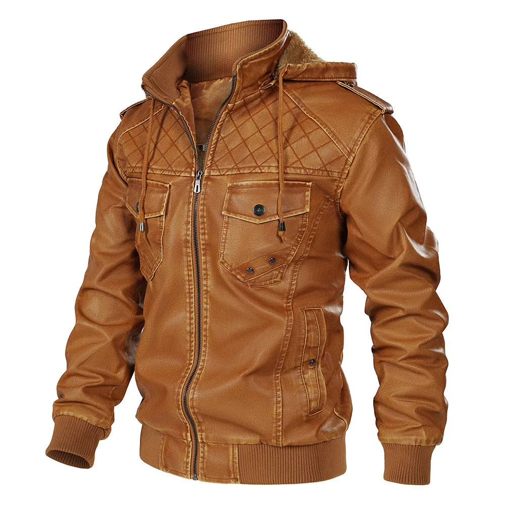 Men's Hooded Leather Jacket Fleece-lined