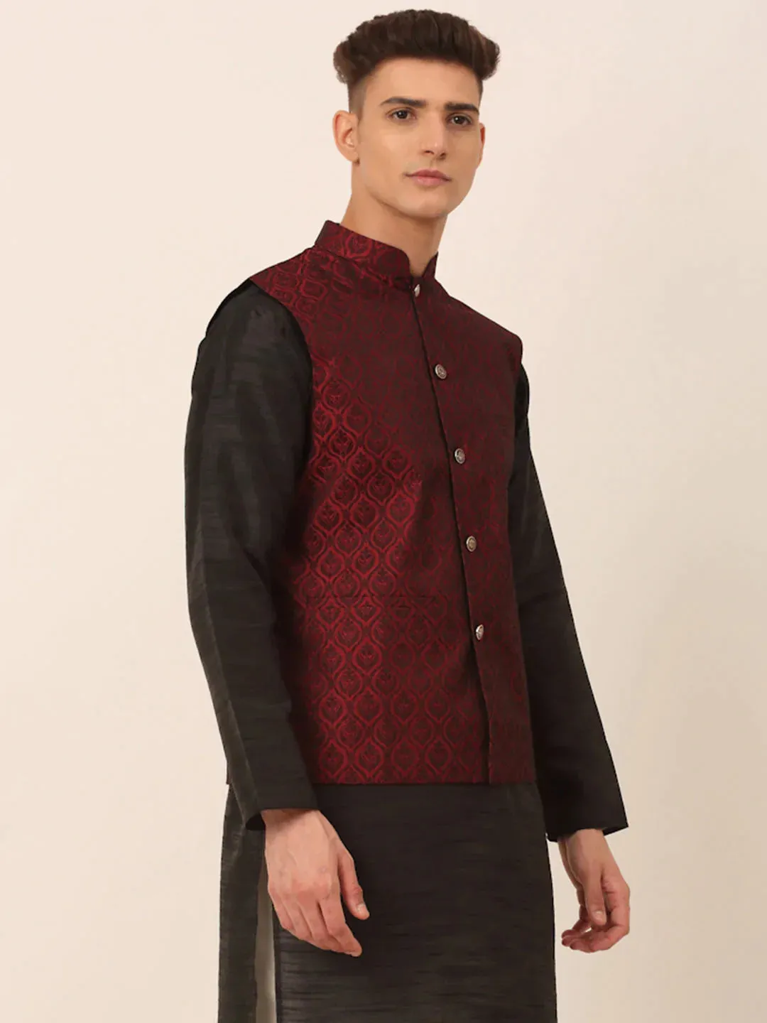 Men'S Maroon Self-Designed Maroon Waistcoat