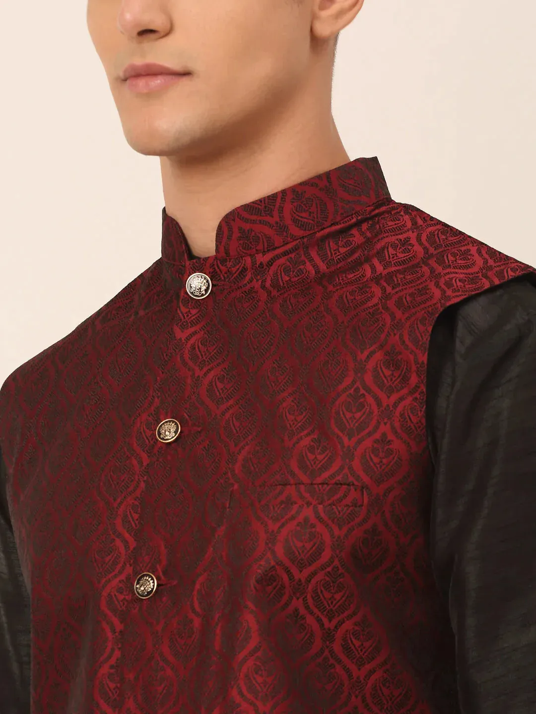 Men'S Maroon Self-Designed Maroon Waistcoat