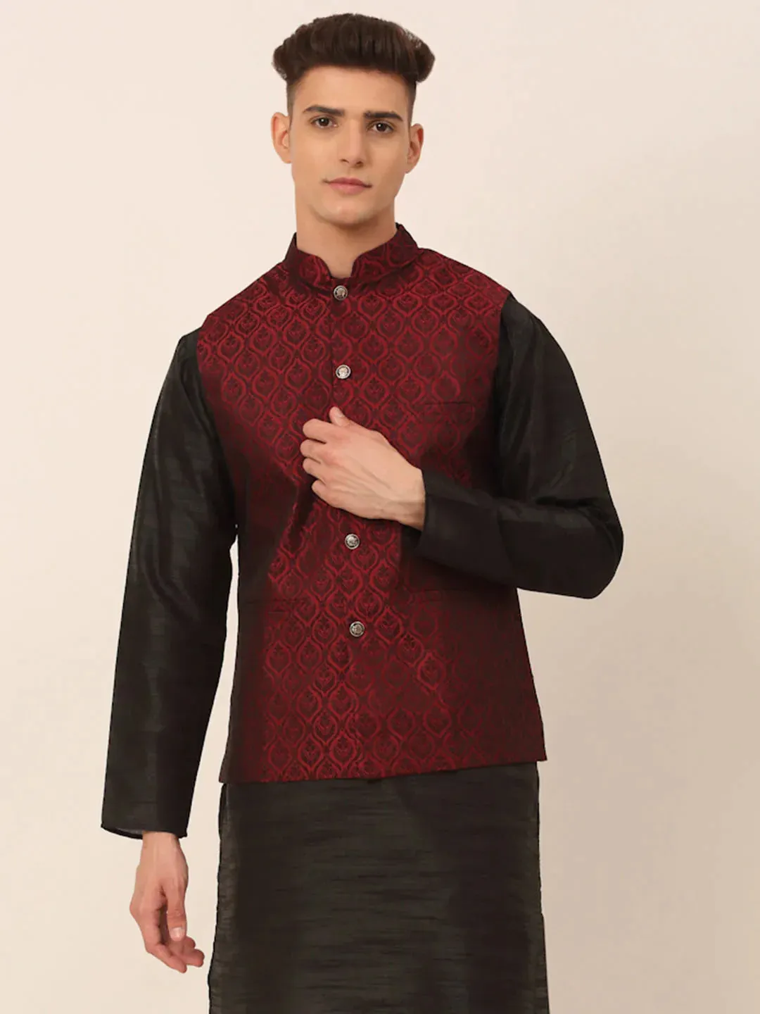 Men'S Maroon Self-Designed Maroon Waistcoat