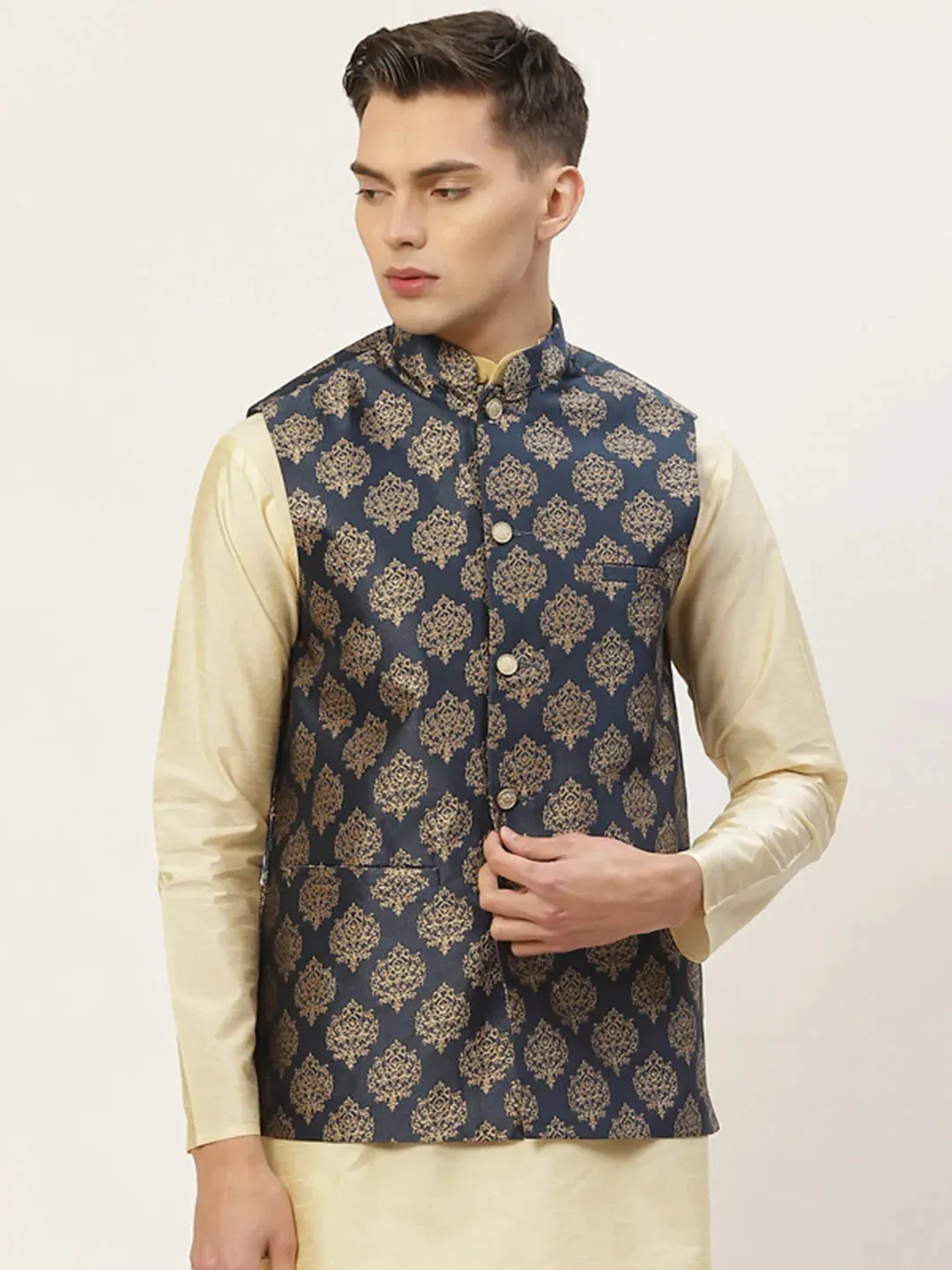 Men'S Navy Printed Nehru Jacket