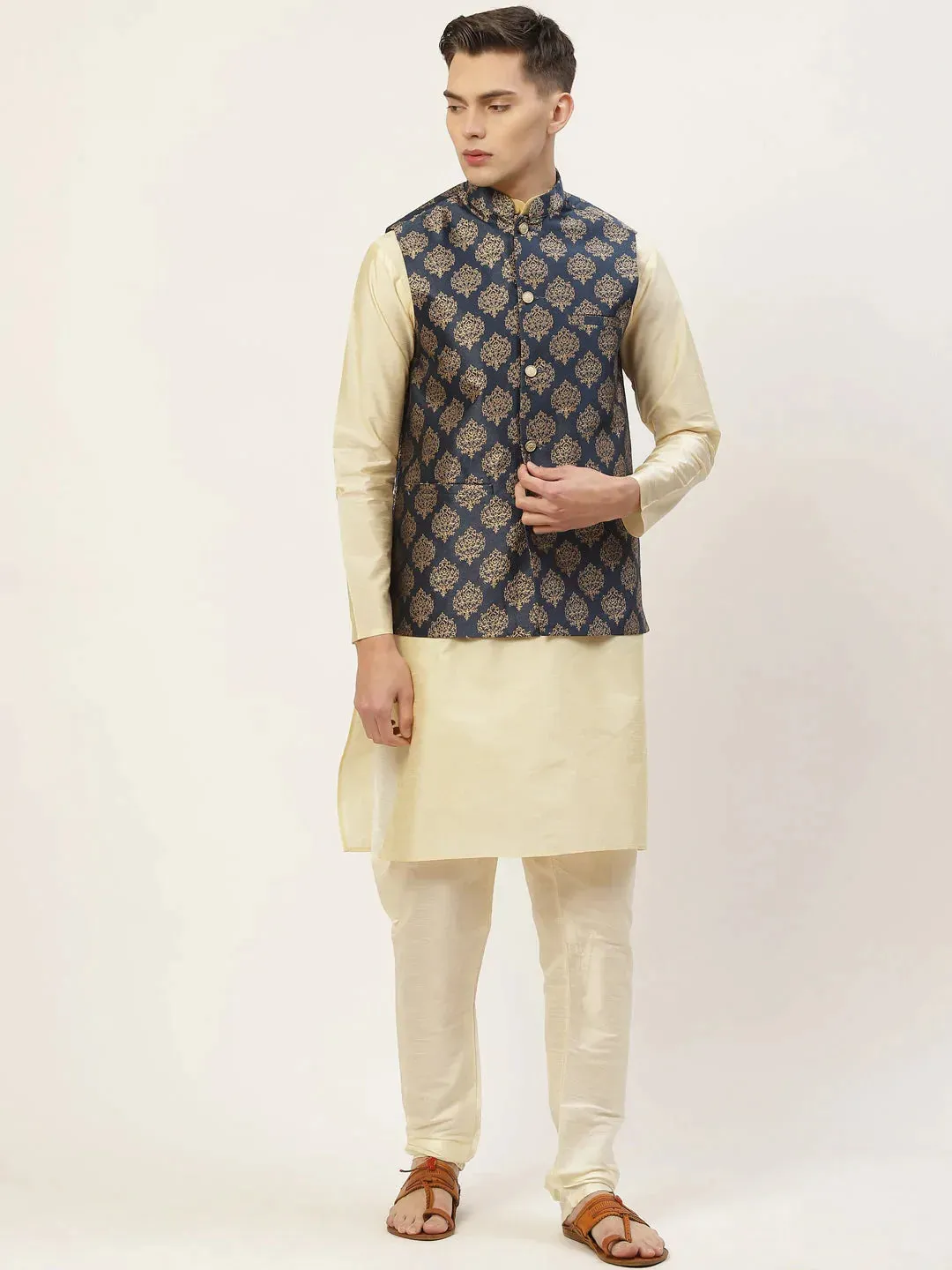 Men'S Navy Printed Nehru Jacket