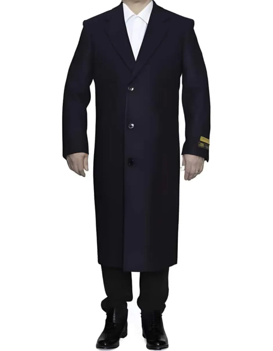 Mens Overcoat - Topcoat For Men - Winter Fabric - Navy Blue 3 Button Full Length Ankle length Wool Dress Top Coat/Overcoat