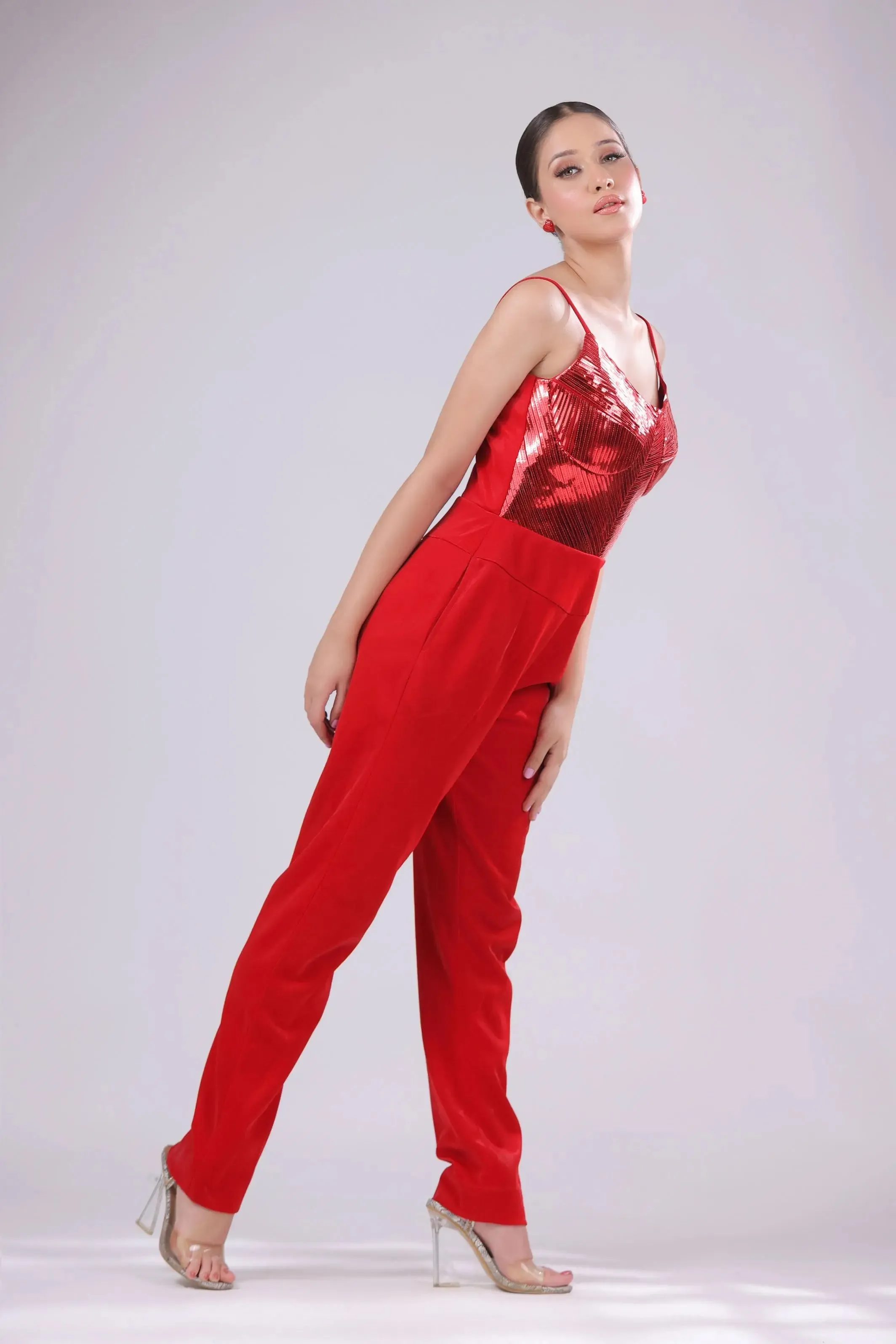 Metallic Party Wear Red Jumpsuit