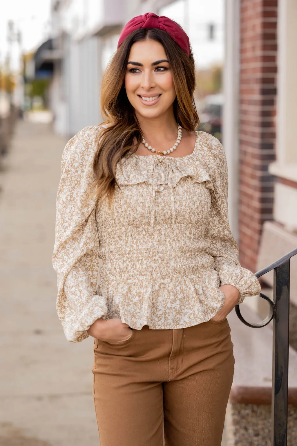 Micro Floral Ruched Top Peplum Blouse