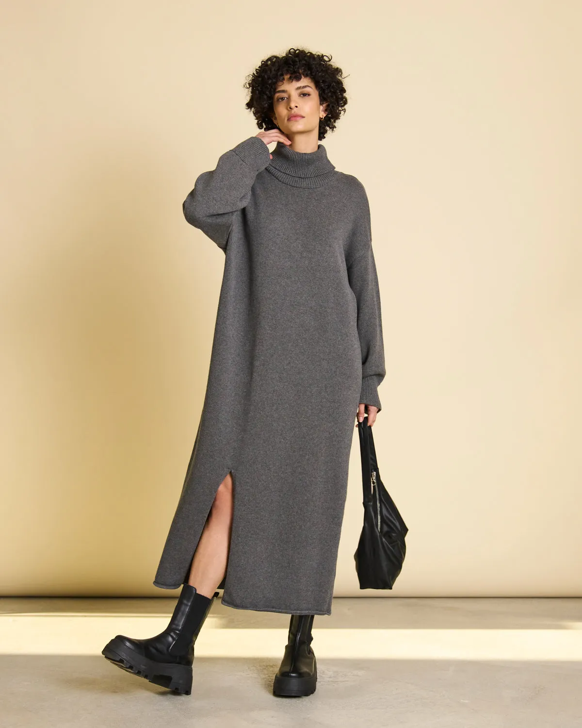 MIDI KNIT DRESS INARI DARK GREY GOTS