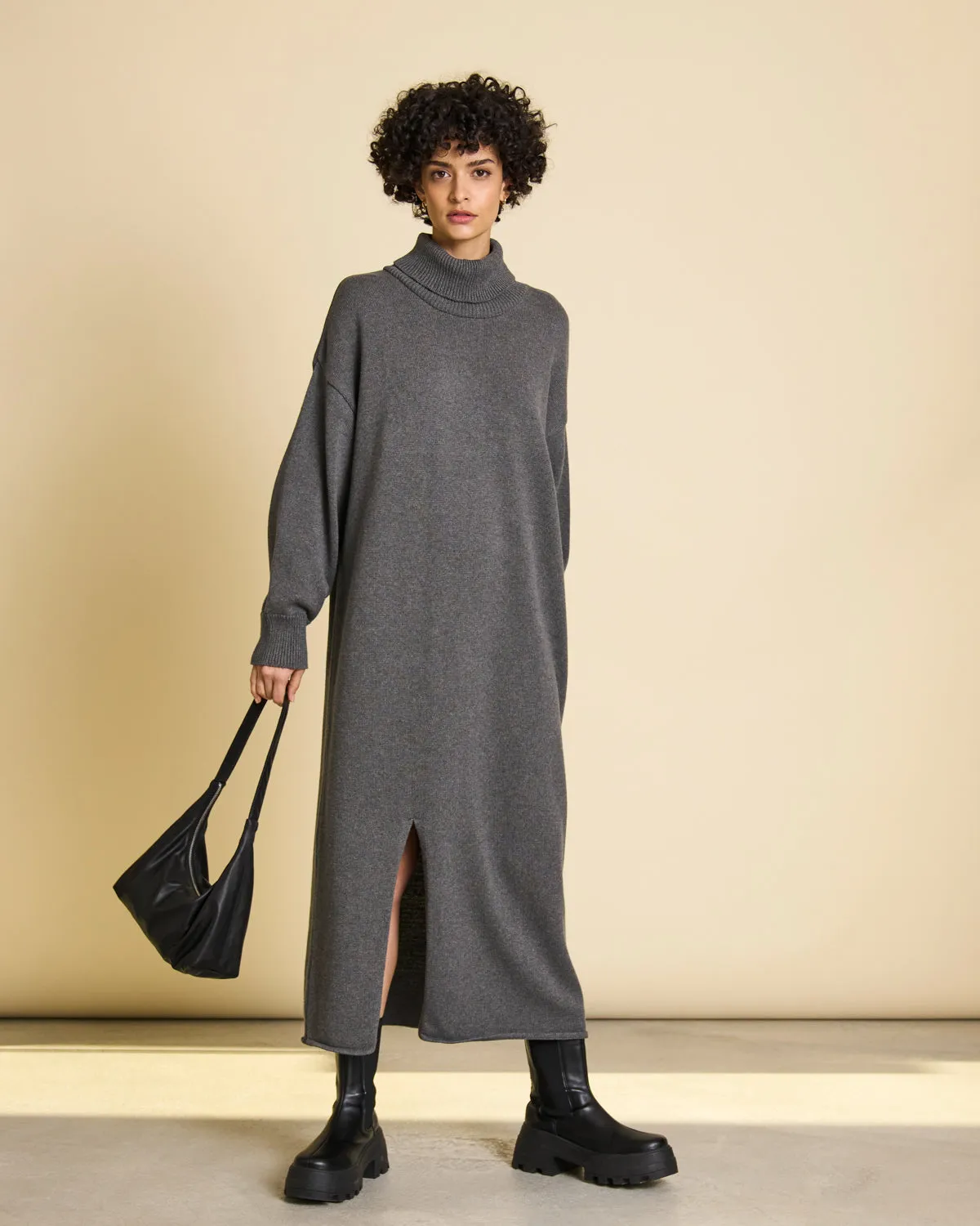 MIDI KNIT DRESS INARI DARK GREY GOTS