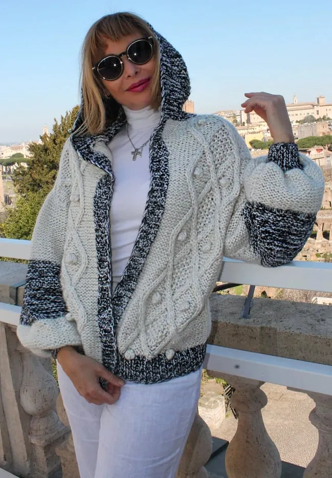 Mohair Black&White Chunky Knit Hoodie Vest Cardigan