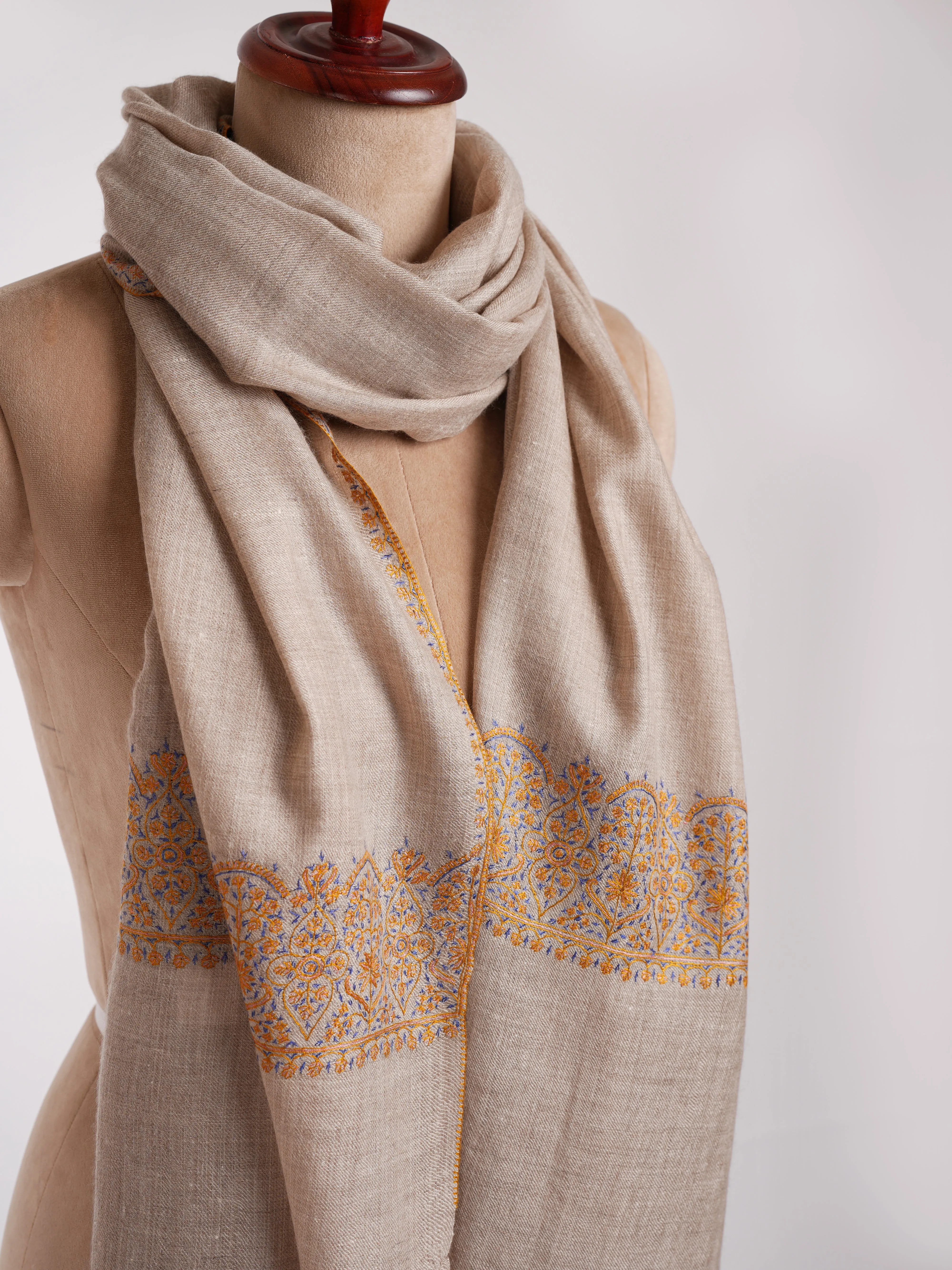 Natural Grey Sozni Embroidered Palla Cashmere Gift Scarf