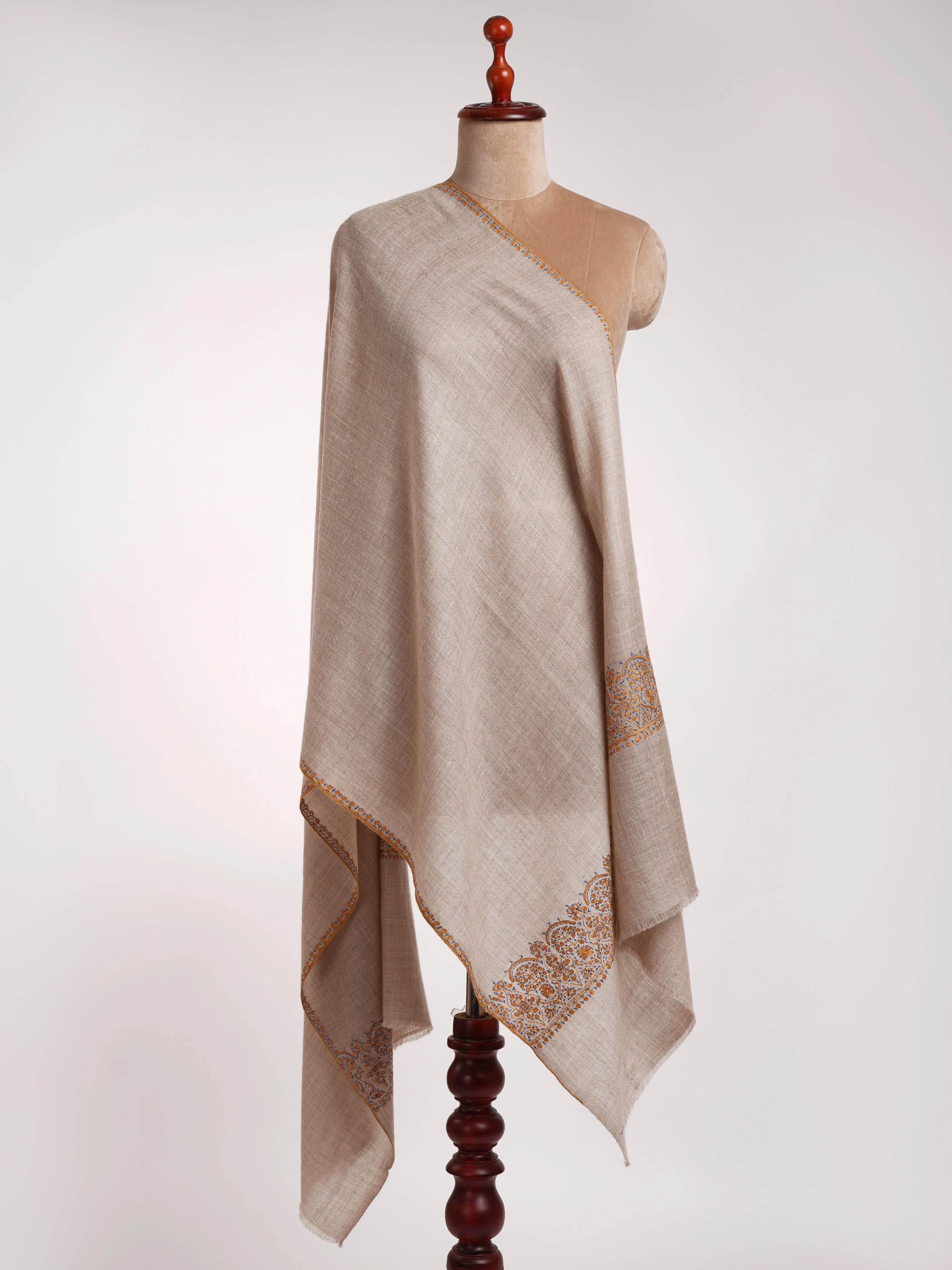 Natural Grey Sozni Embroidered Palla Cashmere Gift Scarf