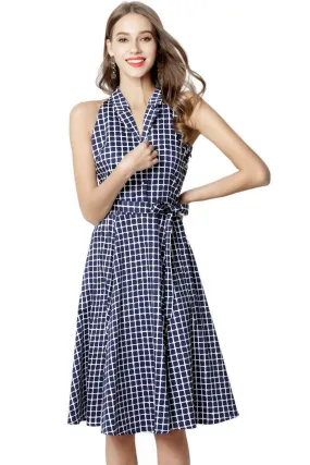 Navy and White Plaid Halter Top Vintage Dress