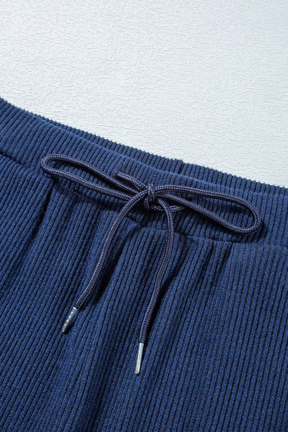 Navy Blue Ribbed Knit Cropped Hoodie and Drawstring Joggers Set