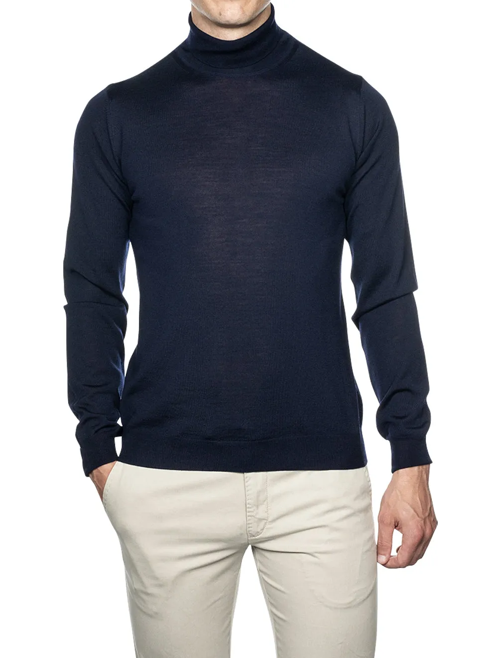 Navy Roll Neck Fine Merino Wool Jumper