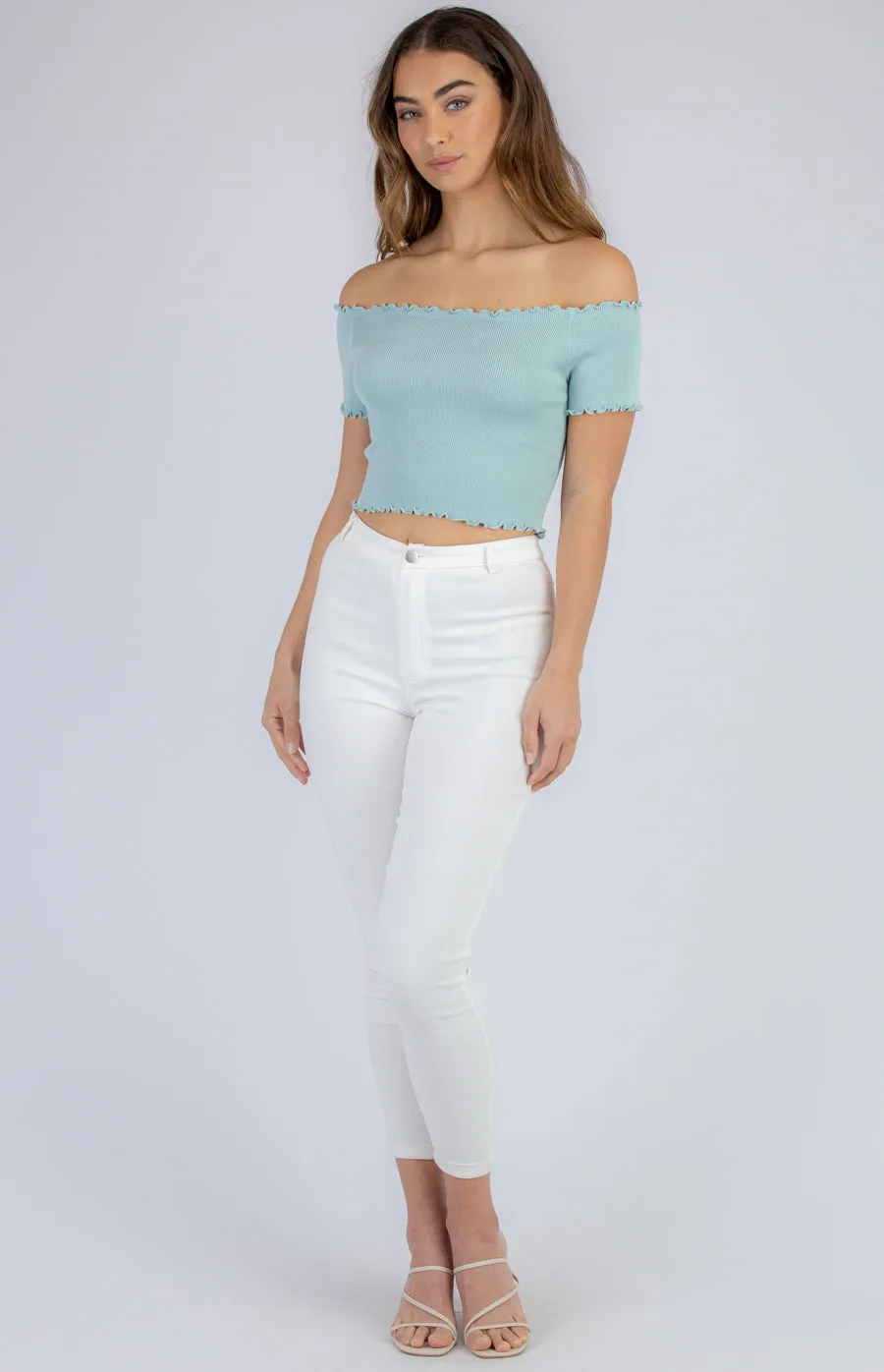 Off The Shoulder Ribbed Knit Crop With Lettuce Edge