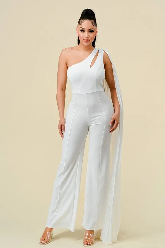 Off White One Shoulder Cut Out With Pleats Layer Jumpsuit