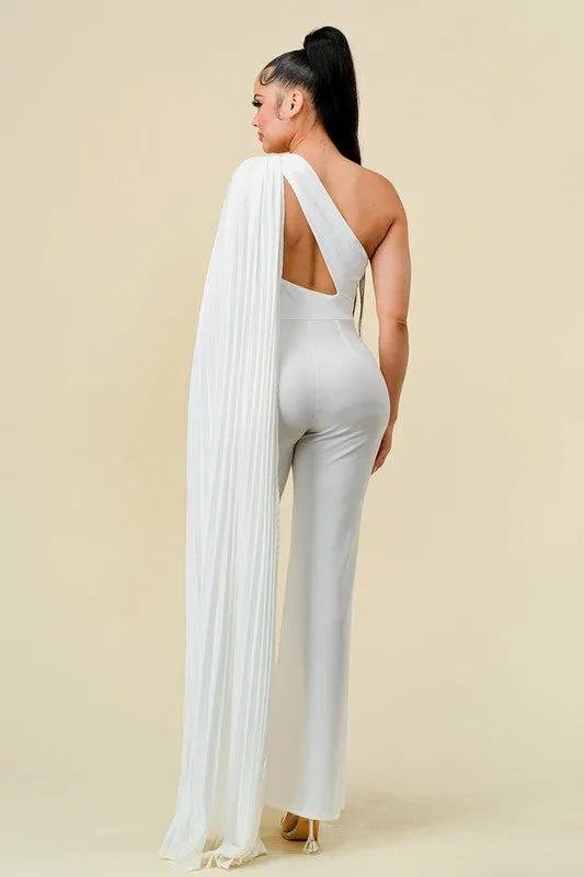 Off White One Shoulder Cut Out With Pleats Layer Jumpsuit