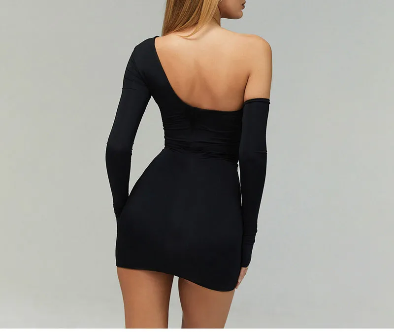 One Shoulder Bandage Bodycon Dress Long Sleeve Cut Out Mini Black Party Dresses Club Wear