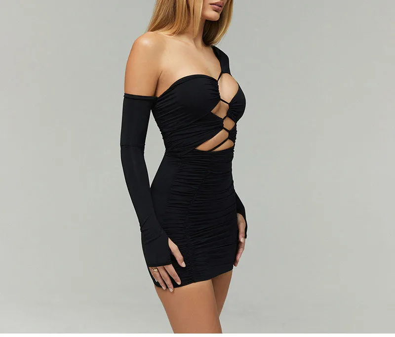 One Shoulder Bandage Bodycon Dress Long Sleeve Cut Out Mini Black Party Dresses Club Wear