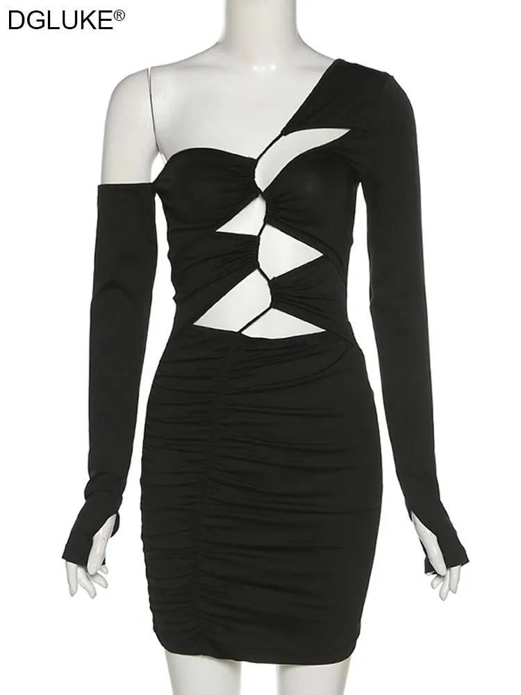 One Shoulder Bandage Bodycon Dress Long Sleeve Cut Out Mini Black Party Dresses Club Wear