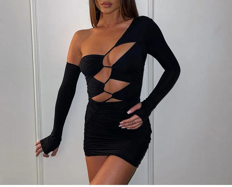 One Shoulder Bandage Bodycon Dress Long Sleeve Cut Out Mini Black Party Dresses Club Wear