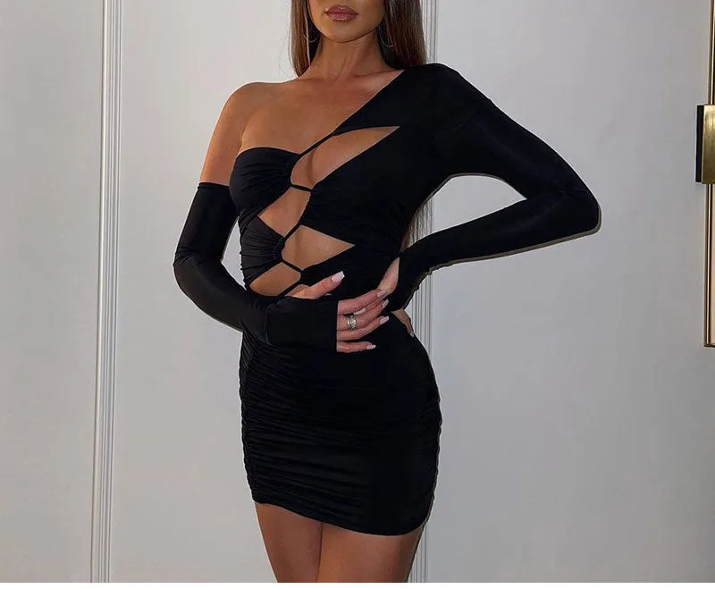 One Shoulder Bandage Bodycon Dress Long Sleeve Cut Out Mini Black Party Dresses Club Wear