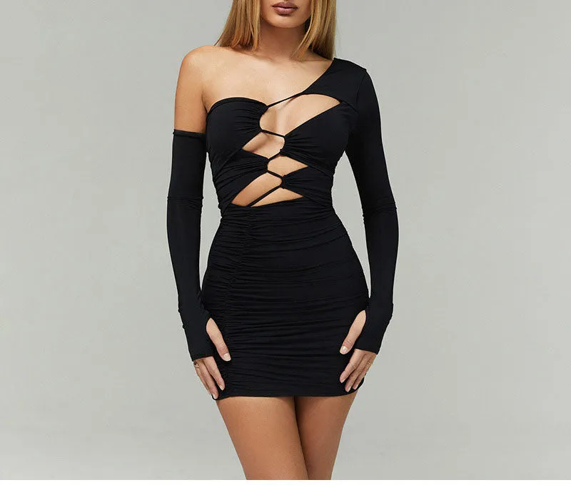 One Shoulder Bandage Bodycon Dress Long Sleeve Cut Out Mini Black Party Dresses Club Wear