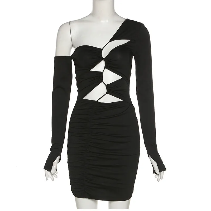 One Shoulder Bandage Bodycon Dress Long Sleeve Cut Out Mini Black Party Dresses Club Wear