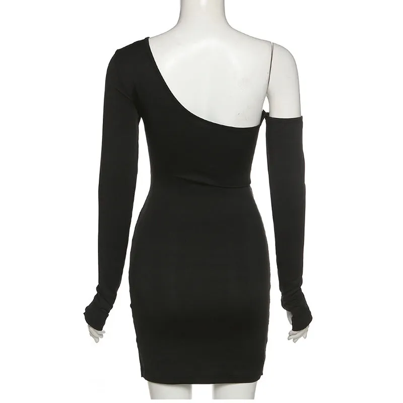 One Shoulder Bandage Bodycon Dress Long Sleeve Cut Out Mini Black Party Dresses Club Wear