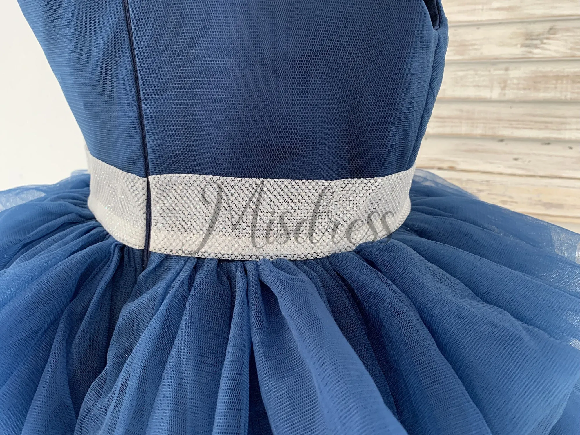 One Shoulder Navy Blue Cupcake Tulle Wedding Flower Girl Dress Kids Party Dress