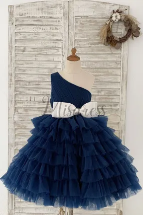 One Shoulder Navy Blue Cupcake Tulle Wedding Flower Girl Dress Kids Party Dress