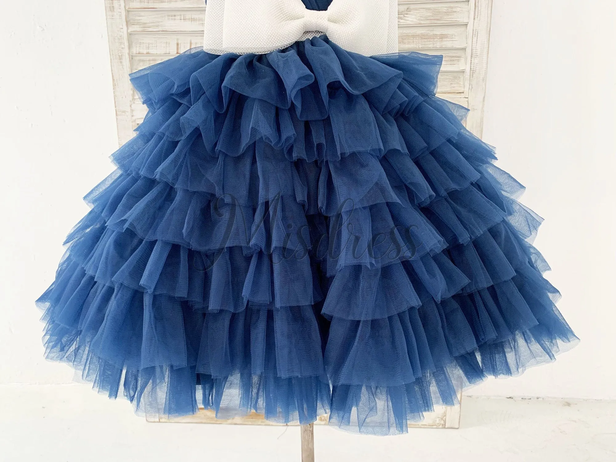 One Shoulder Navy Blue Cupcake Tulle Wedding Flower Girl Dress Kids Party Dress