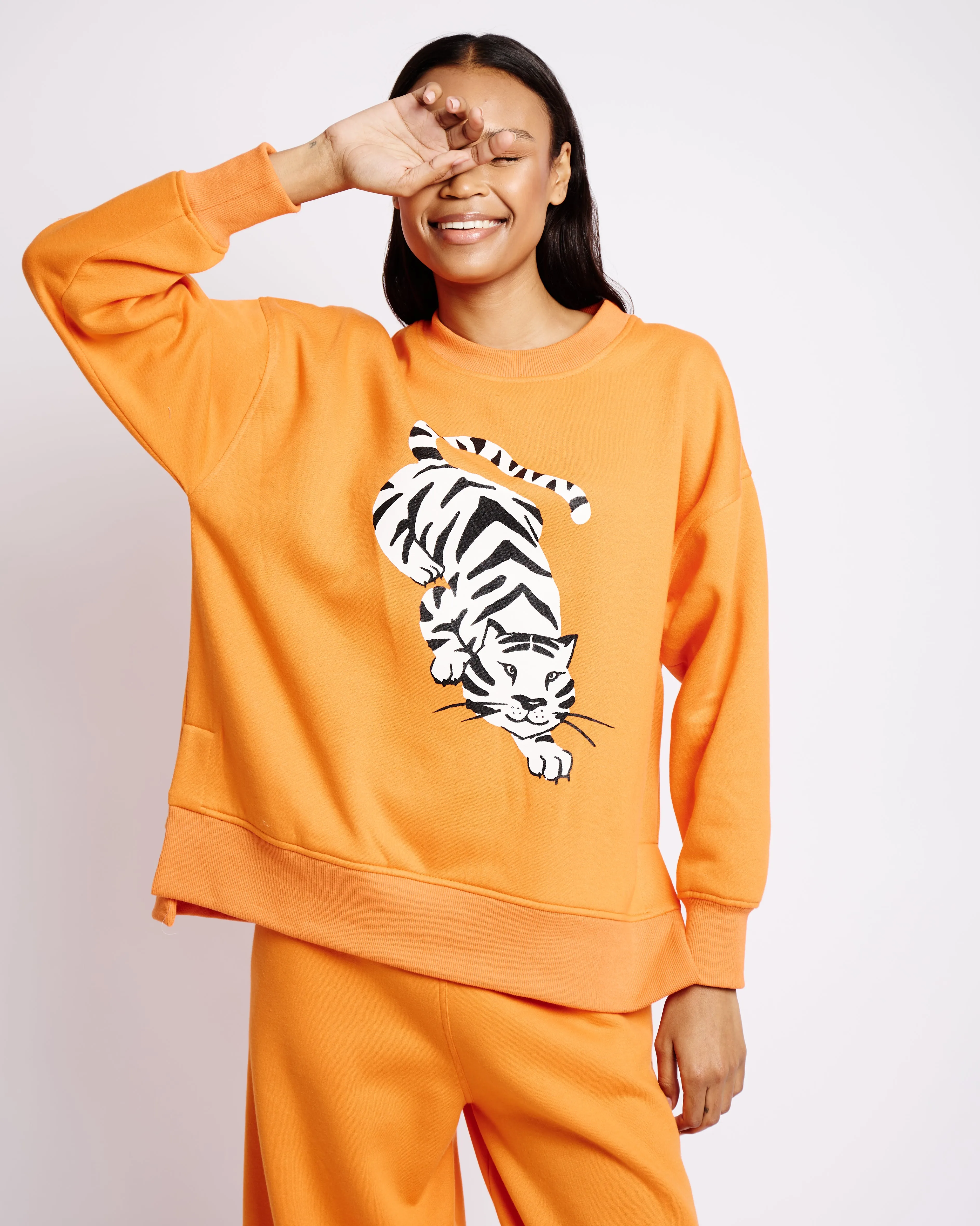 Orange Sweat Top with Tiger Print