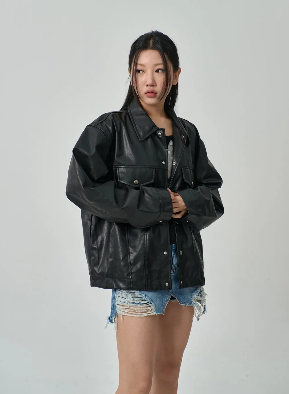 Oversized Faux Leather Jacket IF315