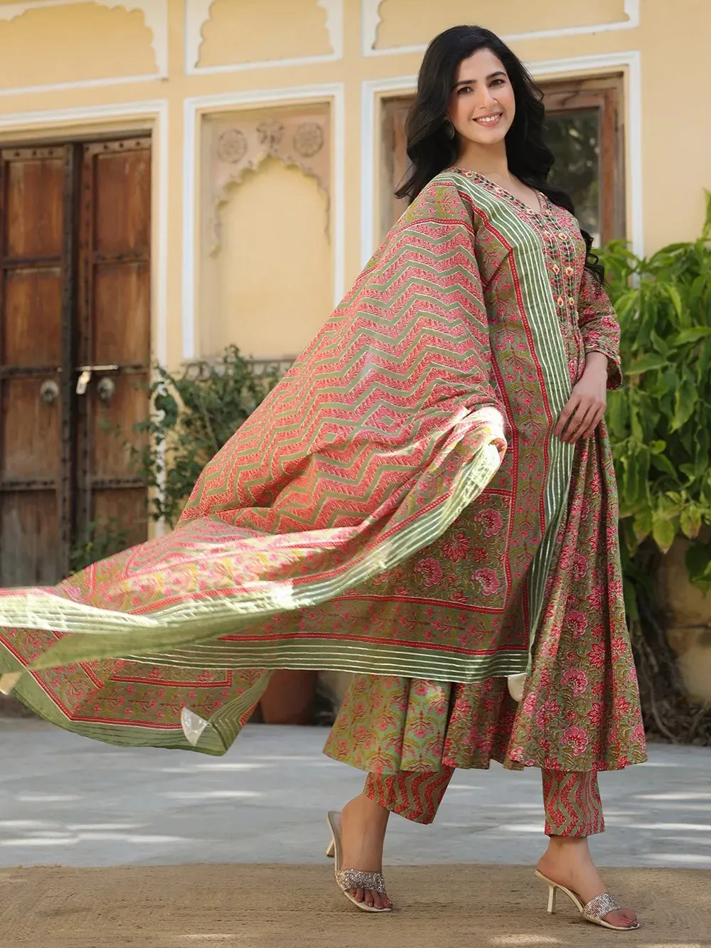 Pink & Green Cotton Printed & Hand Embroidered Suit Set with Dupatta