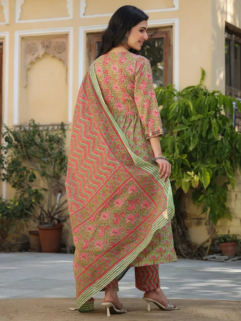 Pink & Green Cotton Printed & Hand Embroidered Suit Set with Dupatta