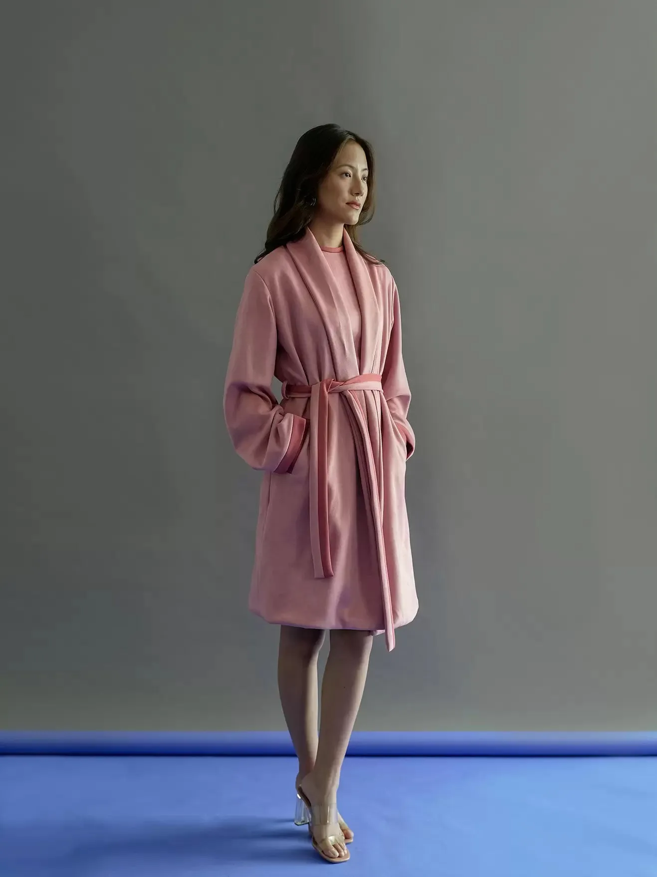 Pink Suede: Flap Collar Overcoat And Dress: Notch & Set For Women