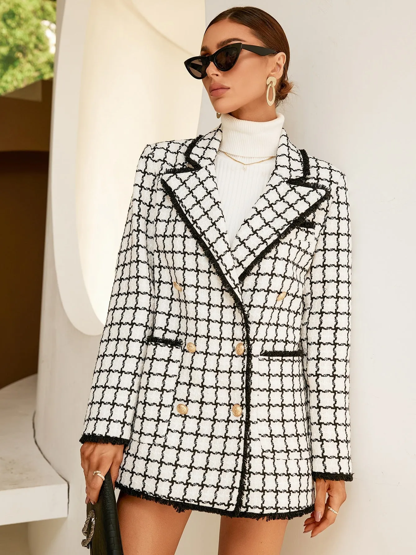 Plaid Pattern Double Breasted Lapel Neck Overcoat