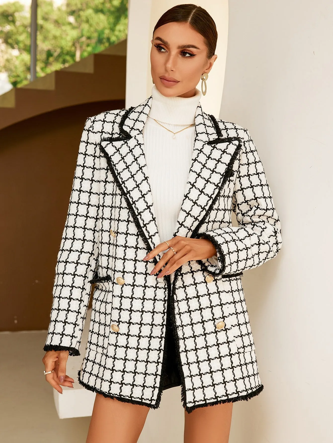 Plaid Pattern Double Breasted Lapel Neck Overcoat