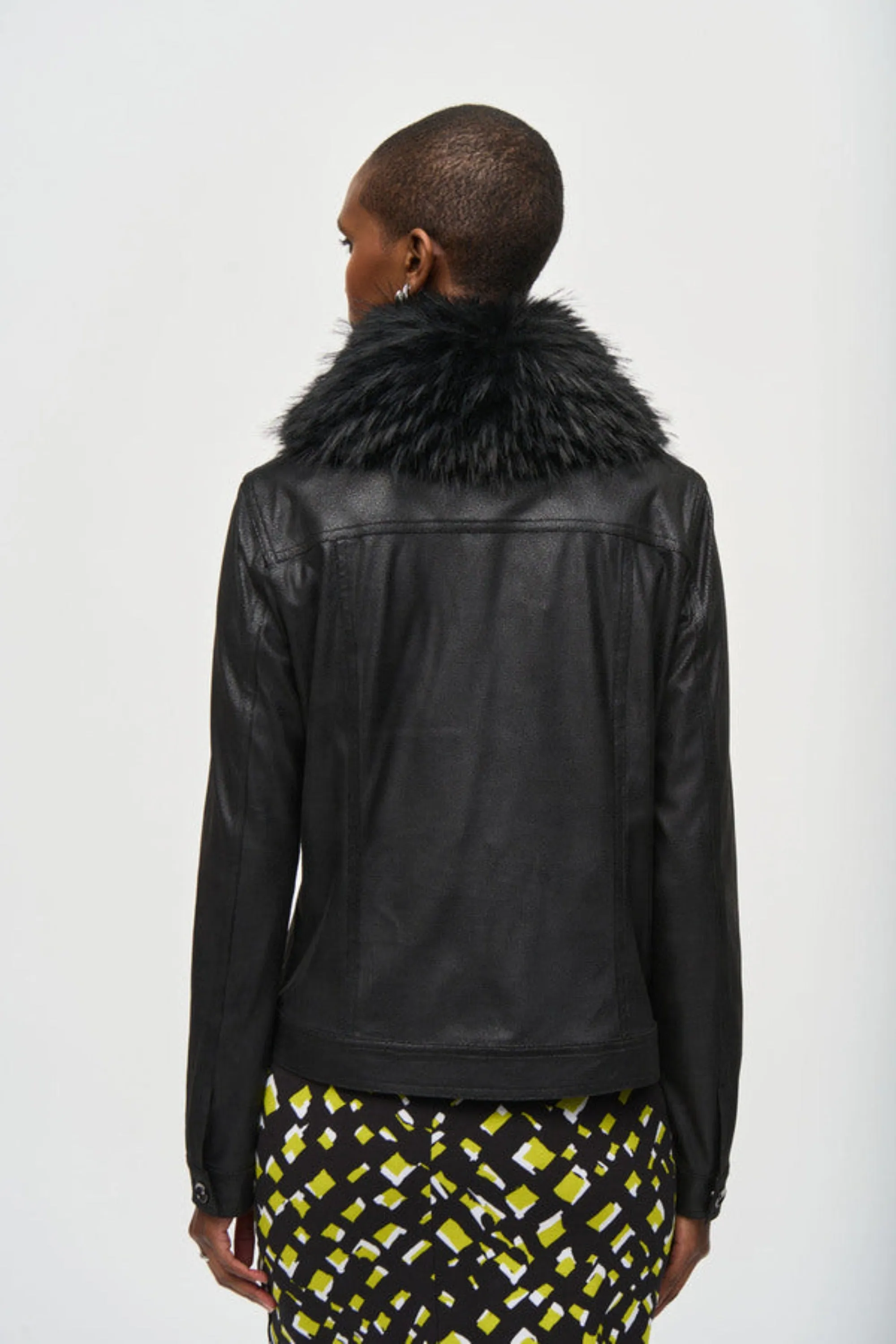 PLEATHER ZIP JACKET WITH FUR COLLAR